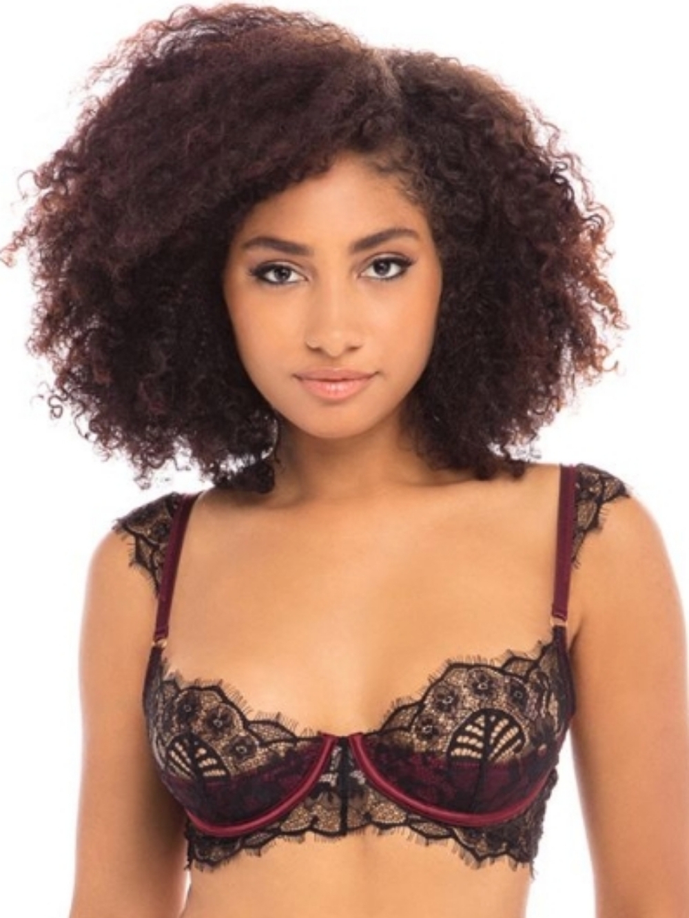 Oh La La Cheri Women's Burgundy and Black Lace Balconette Bra (#E-18)